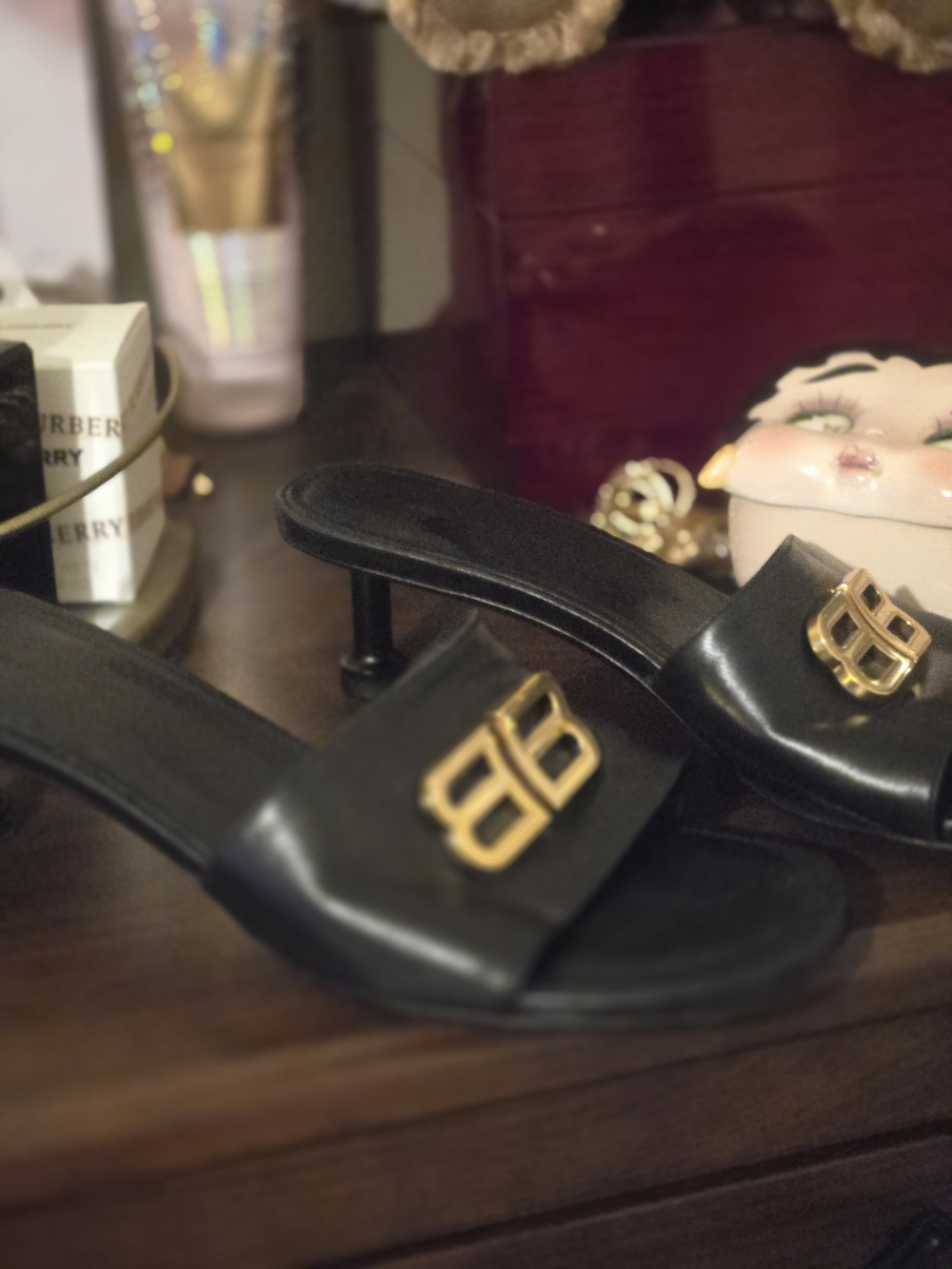 Balenciaga Black Leather Mules with Gold BB Logo